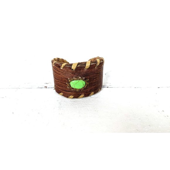 Vintage Jewelry - Brown snake skin braided green gemstone leather cuff bracelet